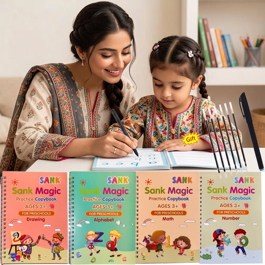 Magic Reusable Handwriting Copybook Set (4 Books + Pen & Refills) For Kids✍️